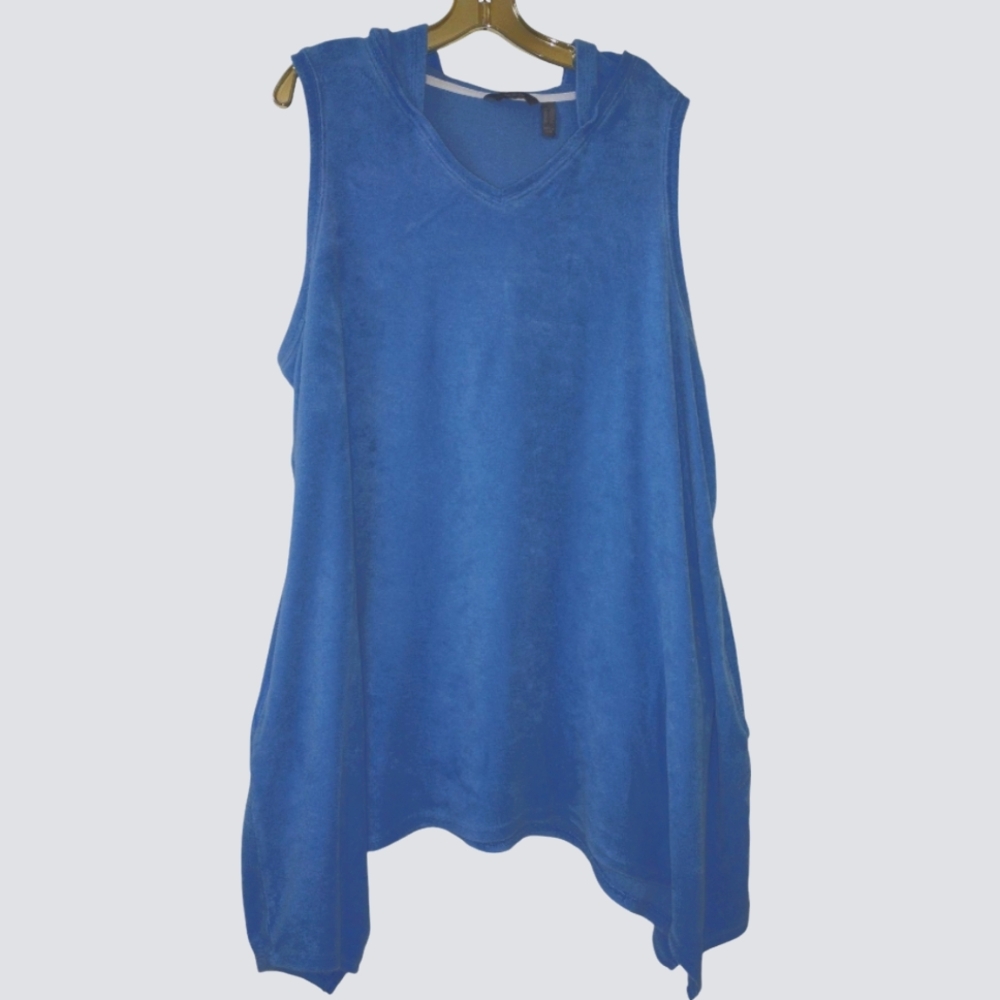 Size 2X Light Blue Terry Cloth Sleeveless Lagenlook Asymmetrical Hoodie Top
